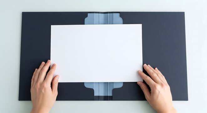Blank white paper sheet held in a dark blue presentation folder mockup