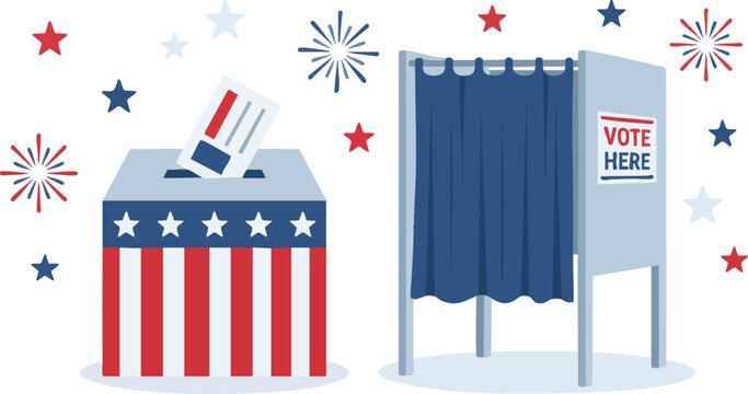 Voting ballot box and booth illustration on white American background