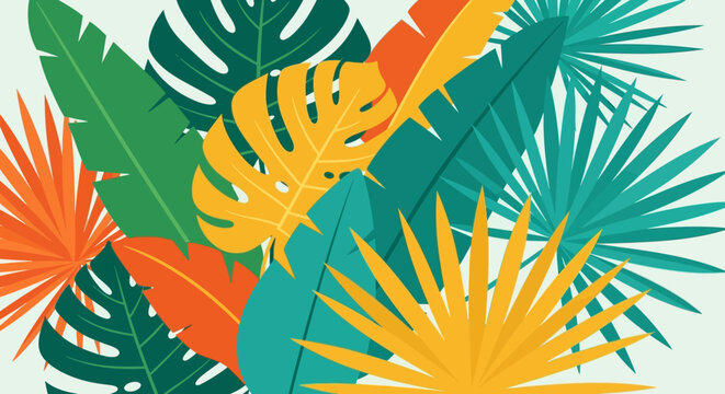 Vibrant and cheerful tropical leaf background illustration, featuring an array of colorful exotic foliage perfect for summer-themed designs, party invitations, or refreshing web banners