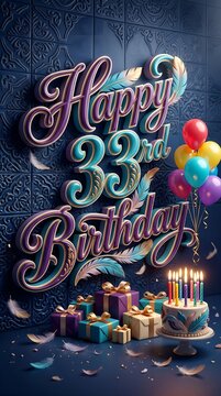 Decorative Happy 33rd Birthday Illustration with Colorful Balloons Gifts and Celebration Cake