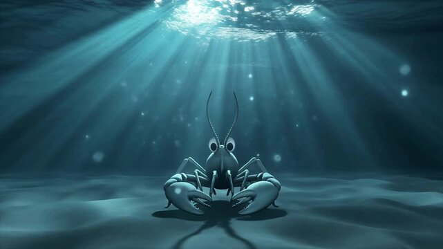 Animated lobster on the seabed under shimmering underwater light