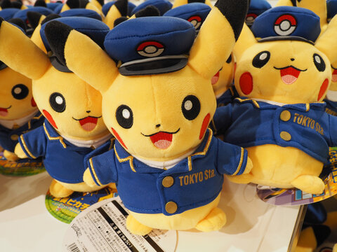 TOKYO, JAPAN - October 29, 2024: Tokyo Station Pikachu toys in a Pokemon store in Tokyo Station.