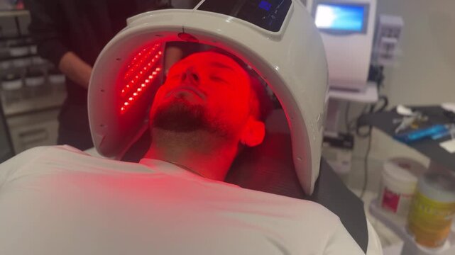 A 4k video of a young male undergoing LED red-light therapy for hair restoration.