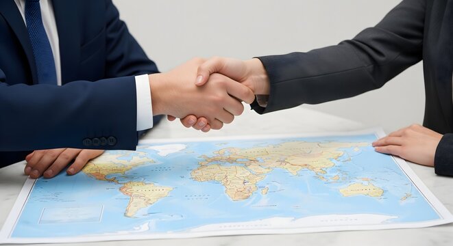 Business partners shaking hands over a world map on an office desk