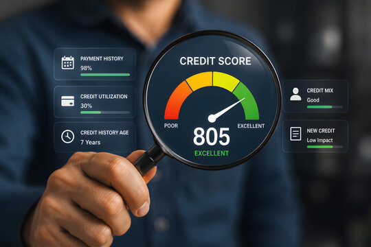 Credit score analysis with magnifying glass showing excellent rating