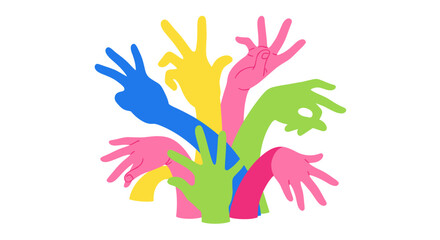 Fototapeta premium Colorful Hands Raised Together, Unity and Teamwork Concept