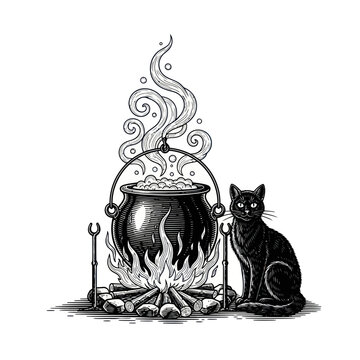 Black Cat Sitting Next to Cauldron with Bubbling Potion Over Campfire