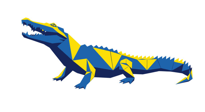 Geometric Alligator Illustration, Low Poly Style, Blue and Yellow Colors