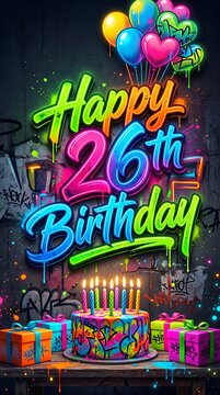 Urban Happy 26th Birthday Graffiti Neon Typography with Cake Balloons and Gifts