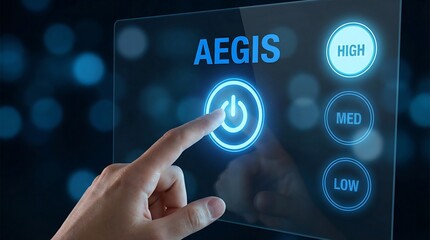 Fototapeta premium Finger touching power button on glowing digital interface with Aegis security levels for high-tech cybersecurity protection and access control system concept photography