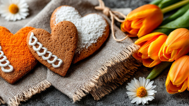 Heart-shaped cookies and orange tulips on rustic fabric with heart shape tea time valentines day
