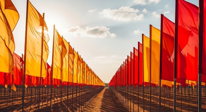 Rows of Vibrant Yellow and Red Flags at Sunset.