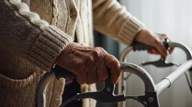 Wrinkled Hands of Senior Person Using Metal Walker for Stability