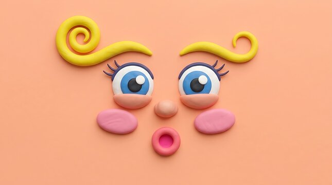 Clay Face of Surprise: A whimsical clay face with wide blue eyes and rosy cheeks expresses a look of astonishment, crafted with vibrant yellow and pink modeling dough.