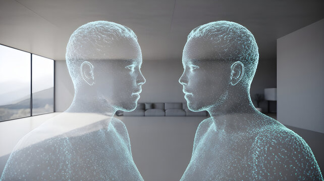 A person interacting with a lifelike digital clone of themselves made of holographic particles, both mirroring each other in a minimalist modern room, high detail, soft lighting, uncanny realism