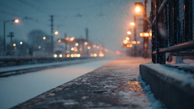 Empty railway platform at night during a winter snowstorm.