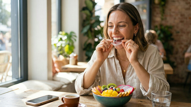 Young Woman Removing Clear Aligners Before Eating a Healthy Fruit Bowl in Cafe