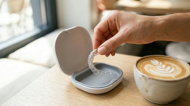 Woman Holding Clear Dental Aligner Over Storage Case at a Cafe with Coffee