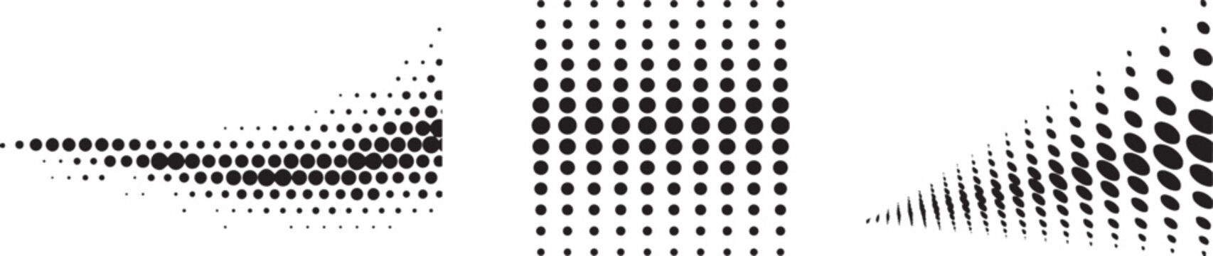 Abstract halftone gradient collection with dotted monochrome fade patterns and dynamic geometric dispersion effects. Modern comic texture elements for pop art branding, digital backgrounds 