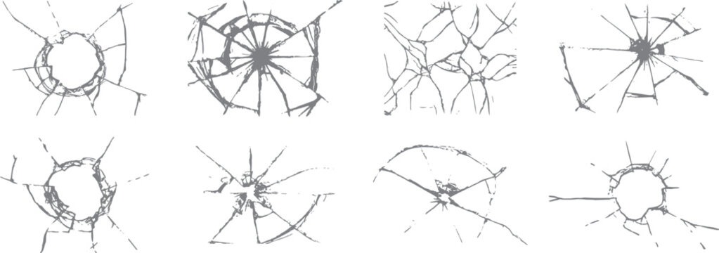 Abstract cracked glass collection with shattered impact textures and realistic broken window fracture effects. Dramatic damage overlay elements for crime scenes, action graphics and grunge design 