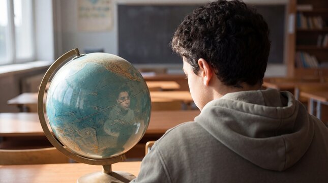 Over-the-shoulder view of student contemplating globe in classroom window light.