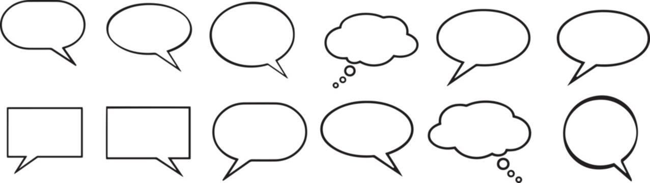Minimal speech bubble icon collection with clean monochrome dialog shapes and modern communication symbols. Creative chat elements for messaging apps, social media branding and digital interface