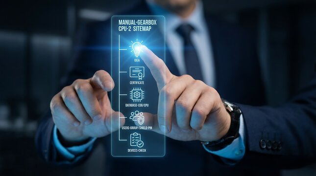 Businessman navigating through manual gearbox CPU sitemap on transparent screen to visualize system architecture and device check procedures in a corporate technology department