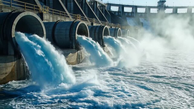 Industrial Hydroelectric Dam Releasing Clean Blue Water Through Pipes