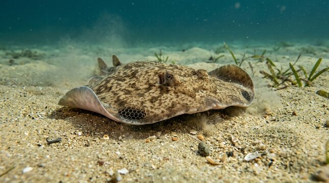 A camouflaged peacock flounder resting on the sandy ocean floor.