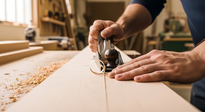 Carpenter planing a wooden board with a metal hand plane in workshop