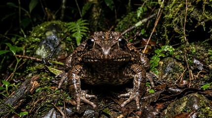 Obraz premium A close up of a horned frog resting in the tropical rainforest floor.