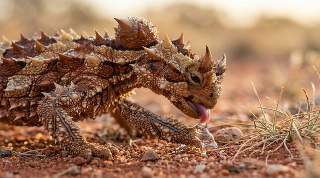 A close up of a Thorny Devil lizard walking on the red sand in the Australian desert.