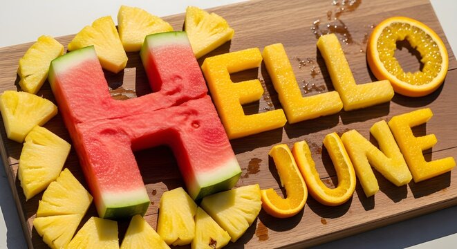 Fresh Tropical Hello June Fruit Lettering on Wooden Board with Watermelon Pineapple and Orange Summer Concept