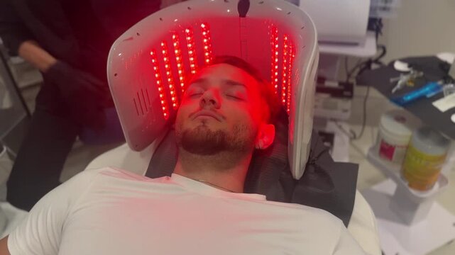 A 4k video of a young male undergoing LED red-light therapy for hair restoration.