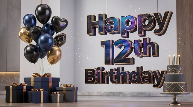 Luxury Balloon Arrangement with Happy 12th Birthday Typography and Wrapped Gift Boxes