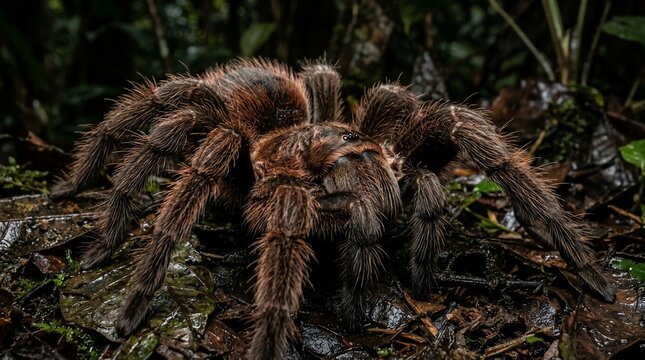 A close-up of a large hairy tarantula spider in its natural forest habitat.