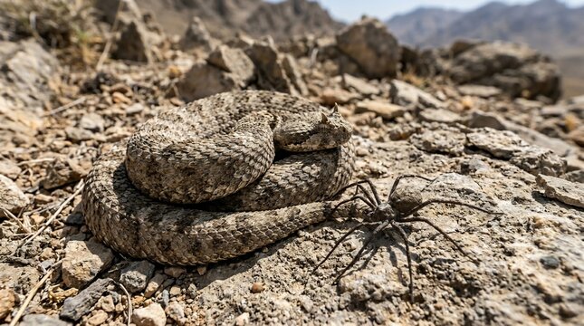A coiled rattlesnake and a large spider on rocky desert ground.