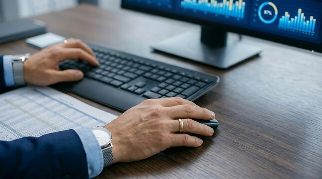 Businessman hands typing on keyboard and using mouse with financial dashboard on screen.