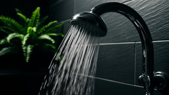 Chrome curved showerhead sprays water in a dark-tiled bathroom beside a green fern under warm light