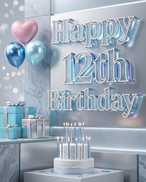 Pastel Blue Birthday Celebration Scene Featuring Happy 12th Birthday Typography Balloons Gifts and Cake