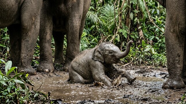 A cute baby elephant playing in the mud surrounded by adults in the jungle.