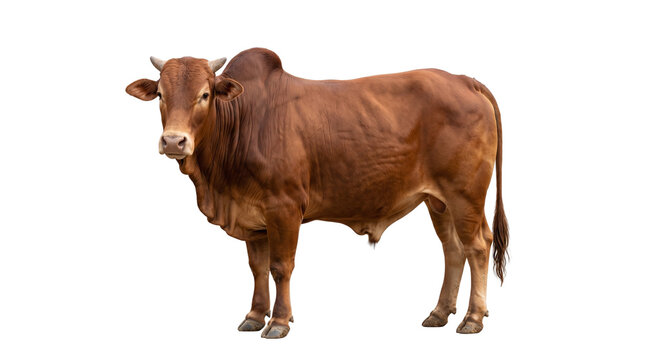 Brahman bull with hump and horns, brown zebu cattle standing in profile, majestic farm animal for agricultural livestock industry isolated PNG with Transparent Background