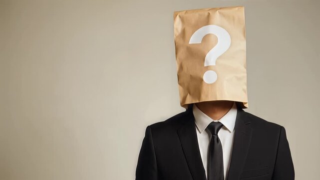 Anonymous Businessman with Question Mark Paper Bag on Head