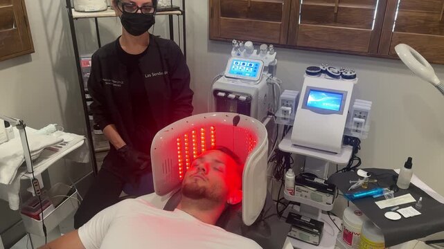 A 4k video of a young male undergoing LED red-light therapy for hair restoration.