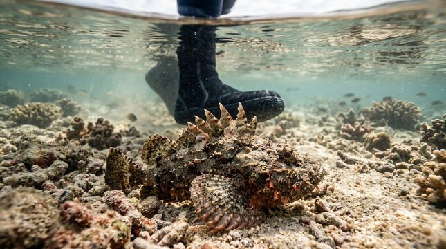 A diver wearing water shoes stands dangerously close to a venomous stonefish camouflaged on a tropical coral reef.