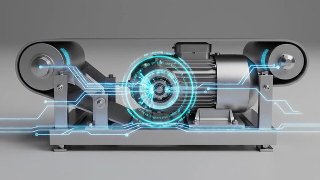 Industrial electric motor with digital interface and assembly belt.