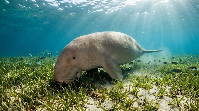 A dugong grazing on seagrass in the clear ocean.
