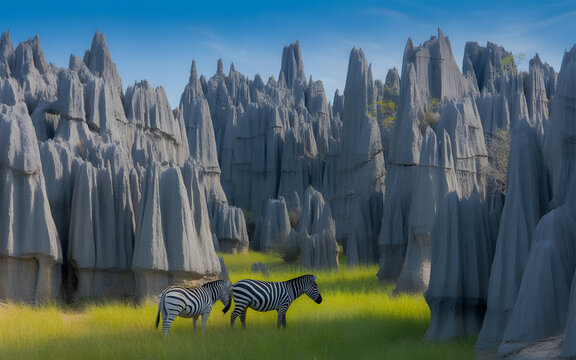 Detailed Geological Formations of Tsingy de Bemaraha, a pair of zebras on the grass.