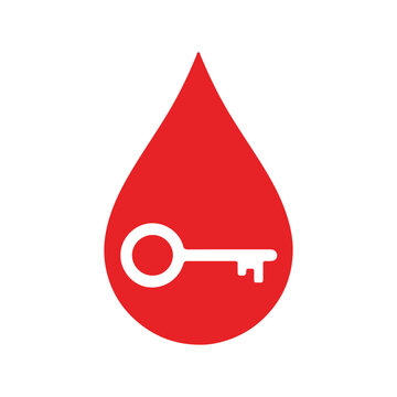 Vector illustration of a red blood drop with a white key inside, symbolizing health, security, and life essence in a minimalist style.