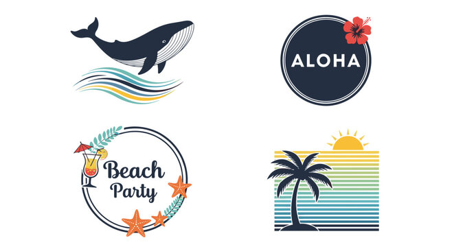 Collection of four tropical and beach icons featuring a whale, aloha text with flower, a cocktail glass, and a palm tree sunset.
